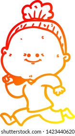 warm gradient line drawing of a cartoon happy old woman