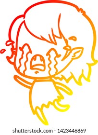 warm gradient line drawing of a cartoon crying vampire girl