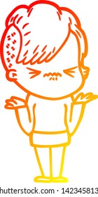 warm gradient line drawing of a cartoon annoyed hipster girl