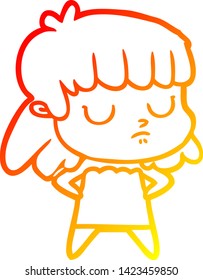 warm gradient line drawing of a cartoon indifferent woman