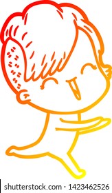 warm gradient line drawing of a cartoon happy hipster girl
