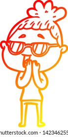 dibujo de línea de gradiente cálido de una mujer feliz con dibujos animados usando espectáculos