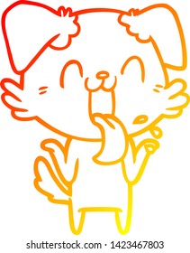 dibujo de línea de gradiente cálido de un perro jadeante de dibujos animados encogiéndose hombros