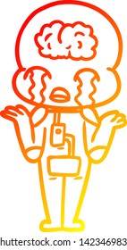 warm gradient line drawing of a cartoon big brain alien crying