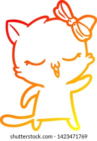 warm gradient line drawing of a cartoon cat with bow on head