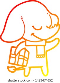 warm gradient line drawing of a cartoon christmas elephant