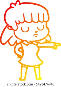 warm gradient line drawing of a cartoon indifferent woman pointing