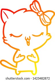 warm gradient line drawing of a cartoon cat with bow on head