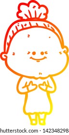 warm gradient line drawing of a cartoon happy old woman