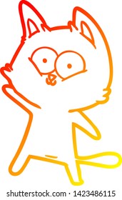 dibujo de línea de degradado cálido de un gato de dibujos animados ondeando