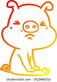 warm gradient line drawing of a cartoon angry pig sat waiting