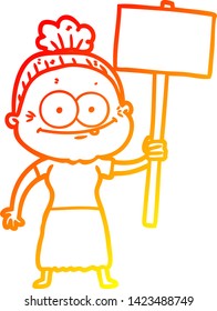 warm gradient line drawing of a cartoon happy old woman
