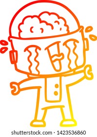 warm gradient line drawing of a cartoon crying robot