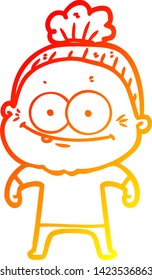 dibujo de línea de gradiente cálido de una anciana feliz con dibujos animados