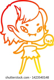 warme Farbverlauf-Linie Zeichnung eines Cartoon-freundlichen Vampirmädchen mit Schädel
