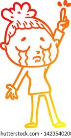warm gradient line drawing of a cartoon crying woman raising hand