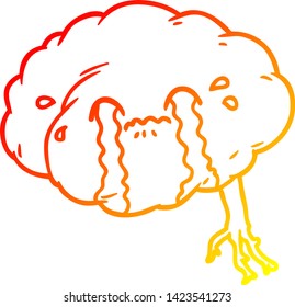 dibujo de línea de gradiente cálido de un cerebro de dibujos animados con dolor de cabeza