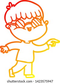 dibujo de línea de gradiente cálido de un niño de caricatura que usa espectáculos