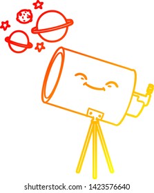 dibujo de línea de degradado cálido de un telescopio de dibujos animados con cara