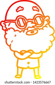 dibujo de línea de degradado cálido de un hombre curioso de dibujos animados con barba y gafas