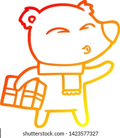 warm gradient line drawing of a cartoon christmas polar bear