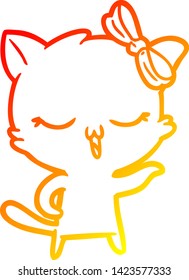 warm gradient line drawing of a cartoon cat with bow on head