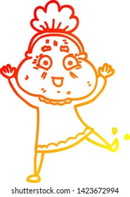 warm gradient line drawing of a cartoon dancing old lady