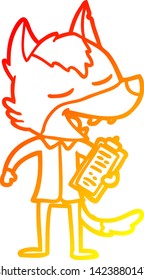 warm gradient line drawing of a cartoon saleman wolf laughing