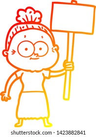 warm gradient line drawing of a cartoon happy old woman