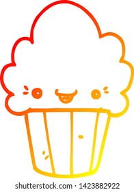 warme Farbverlauf-Linie Zeichnung eines Cartoon Cupcake mit Gesicht