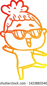 warm gradient line drawing of a cartoon happy woman wearing spectacles