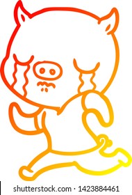 warm gradient line drawing of a cartoon pig crying running away