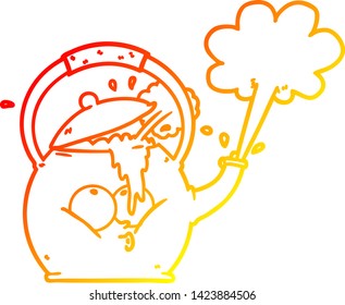 warm gradient line drawing of a cartoon boiling kettle
