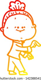 warm gradient line drawing of a cartoon happy old woman