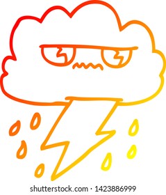 dibujo de línea de degradado cálido de un trueno de dibujos animados en la nube meteorológica