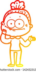 warm gradient line drawing of a cartoon happy old woman