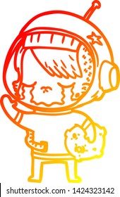 warm gradient line drawing of a cartoon crying astronaut girl carrying rock sample