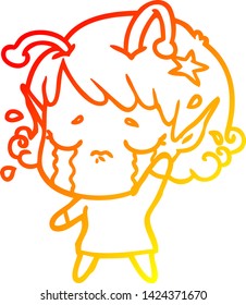 warm gradient line drawing of a cartoon crying alien girl