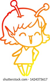 warm gradient line drawing of a cartoon alien girl laughing