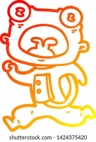 warm gradient line drawing of a cartoon weird alien running away