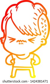 warm gradient line drawing of a cartoon annoyed hipster girl