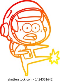 warm gradient line drawing of a cartoon surprised astronaut kicking