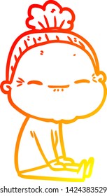 warm gradient line drawing of a cartoon peaceful old woman
