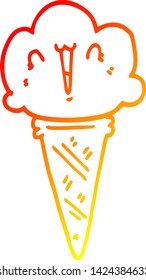 warme Farbverlauf-Linie Zeichnung eines Cartoon-Eis mit Gesicht