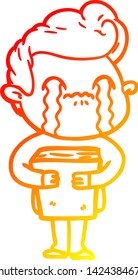 dibujo de línea de degradado cálido de un hombre de dibujos animados llorando