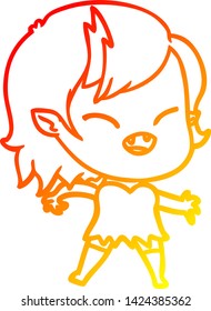warm gradient line drawing of a cartoon laughing vampire girl