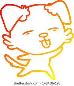 dibujo de línea de gradiente cálido de un perro de dibujos animados pegando la lengua