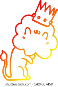 dibujo de línea de gradiente cálido de un león de caricatura con corona