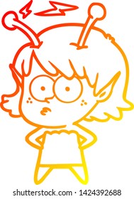 warm gradient line drawing of a cartoon alien girl