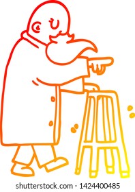 warme Farbverlauf-Linienzeichnung eines Cartoon-alten Mannes mit Gehrahmen